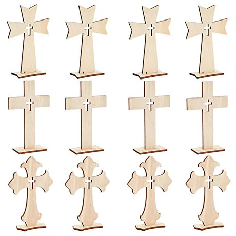 12 Pack Wooden Crosses for Crafts, Unfinished Wood Crosses for Centerpieces, Decor (3 Sizes) Bright Creations