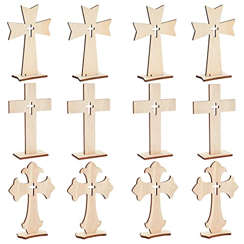 12 Pack Wooden Crosses for Crafts, Unfinished Wood Crosses for Centerpieces, Decor (3 Sizes) - WoodArtSupply