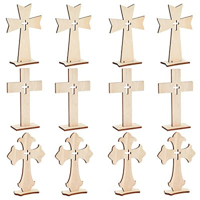 12 Pack Wooden Crosses for Crafts, Unfinished Wood Crosses for Centerpieces, Decor (3 Sizes)