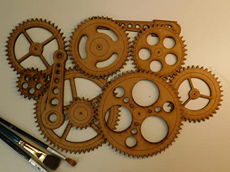 Steampunk Gears Wall Decor - Eight Gears, Two Push Rods - UNFINISHED - Free Shipping - Wood Gears Generic