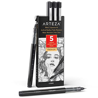 ARTEZA Micro-Line Ink Pens, Set of 5, Black Fineliners with Japanese Archival Ink, Art Supplies for Comic Artists and Illustrators, Calligraphy,