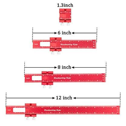 Woodworking Ruler Precision Pocket Rule - 12, 8, 6 Inch Metal Slide Stop Marking Ruler Metric Inch Measuring Wood Working Scribing Measure Tools - - WoodArtSupply