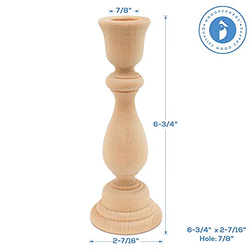 Classic Wooden Candlestick 6-3/4 inches with 7/8 inch Hole, Set of 4 Unfinished Wood Holder for Taper Candle, Ready to Craft, by Woodpeckers