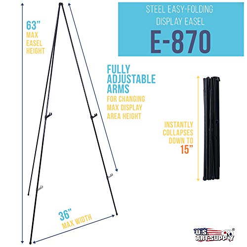 U.S. Art Supply 63" High Steel Easy Folding Display Easel - Quick Set-Up, Instantly Collapses, Adjustable Height Display Holders - Portable Tripod U.S. Art Supply