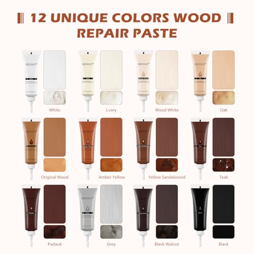 SEISSO Furniture Repair Kit, Wood Floor Repair Kit, Furniture Scratch Repair Wood Fillers, 12 Colors Touch Up for Wood Scratches, Stains, Floors, SEISSO