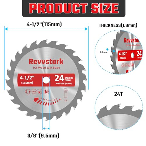 4-Pack 4-1/2 Inch 24T TCT Carbide Compact Circular Saw Blade Set with 3/8" Arbor, Assorted for Cutting Wood, Plastic and Composite Materials Fit Revvstark