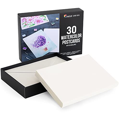 Blank Watercolor Cards with Envelopes NOT FOLDED - 30 Pack : 30 Postcards and 30 Envelopes 5x7" - Watercolor Postcards 300GSM - DIY Thank You Card, Zenacolor