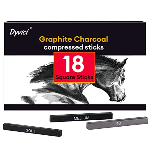 Dyvicl Compressed Graphite Charcoal Sticks, Square Black White Charcoal for Sketching, Drawing, Shading, Blending, Pack of 18 Dyvicl