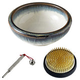 Wazakura Made in Japan Ikebana for Beginners Tool Kit, Minoyaki White & Blue Flower Vase, 2.4in (61mm) Brass Kenzan Holder, Cleaner (Minoyaki White & Wazakura