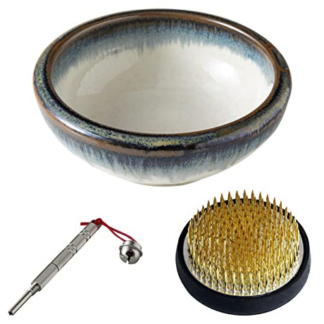 Wazakura Made in Japan Ikebana for Beginners Tool Kit, Minoyaki White & Blue Flower Vase, 2.4in (61mm) Brass Kenzan Holder, Cleaner (Minoyaki White & Wazakura