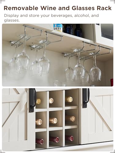 OKD Farmhouse Bar Cabinet with Sliding Barn Door, 72" Rustic Buffet with Hutch with Wine and Glasses Rack, 3 Drawers, Storage Shelves, Sideboard OKD