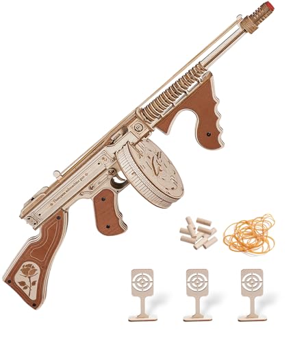 ROKR LQB01 3D Wooden Submachine Gun Puzzle Kit with Rubber Bands - 275pcs DIY Model for Adults and Teens - WoodArtSupply