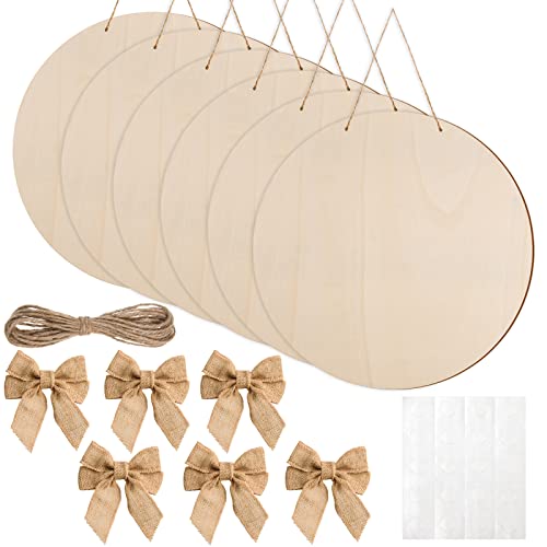 6 Pcs 18 Inch Wood Circles for Crafts Unfinished Round Wood Discs Blank Wood Rounds Slices Round Wooden Door Hanger Signs with Bows, Twine and Glue AWIZOM