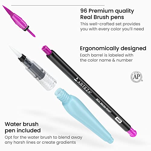 ARTEZA Real Brush Pens, 96 Drawing Pens Pack, Flexible Brush Tips, Professional Watercolor Pens, Drawing Markers, Non-Toxic, for Artists, Hobbyists,