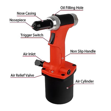 SHININGEYES Heavy Duty Air/Hydraulic Rivet Gun Professional Riveting Tool 1/4" air Power Tool no Self Suction Style (No- Self-Suction Style) SHININGEYES