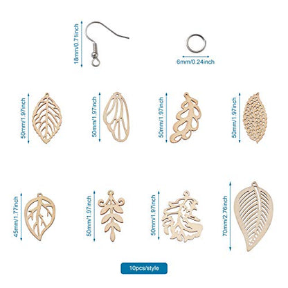 FASHEWELRY 80Pcs Unfinished Leaf Wooden Earrings Pendants 8 Styles Natural Filigree Hollow Wood Leaf Charms with 80Pcs Jump Rings & 80Pcs Earring