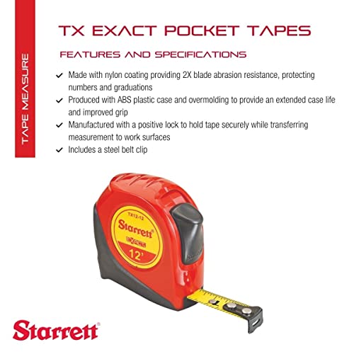 Starrett Exact Retractable Imperial Pocket Tape Measure with Nylon Coating, Self Adjusting End Hook, and Steel Belt Clip - 1/2" Width x 12' Length - Starrett