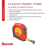 Starrett Exact Retractable Imperial Pocket Tape Measure with Nylon Coating, Self Adjusting End Hook, and Steel Belt Clip - 1/2" Width x 12' Length - Starrett