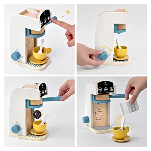 PairPear Kids Wooden Toys Coffee Maker Toy Espresso Machine Playset - Toddler Play Kitchen Accessories Gift for Girls and Boys PairPear
