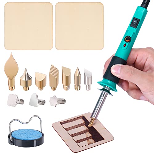 YIHUA 930-IV Pyrography Wood Burning Pen Kit Adjustable Temperature, Power Switch, Heat Deflector, Rubber Grip with 13PCS Accessories, Stencil, Wood - WoodArtSupply