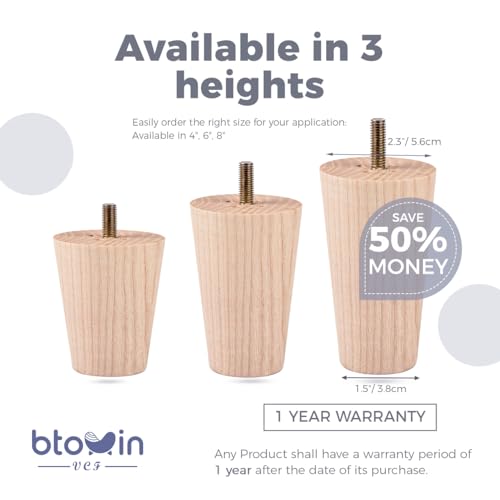 Btowin VCF 6 inch / 15cm Ash Wood Furniture Legs, 4Pcs Mid-Century Modern Unfinished Wooden Tapered Replacement Feet with 5/16'' Hanger Bolts & Btowin VCF
