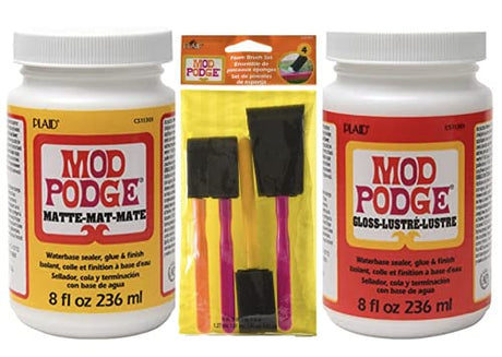 Decoupage Kit | Set 8oz Bottles of Mod Podge Waterbase Sealer/Glue/Finish (Matte + Gloss Finish) | 4pk Foam Brush Set PAINT