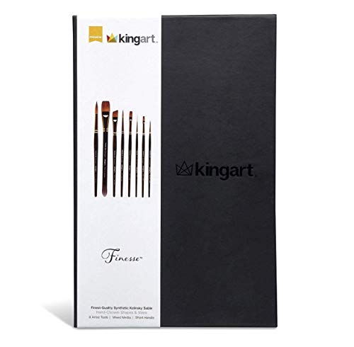 KINGART Finesse Kolinsky Sable Synthetic Blend Premium Watercolor Artist Brushes, Gift Box, Set of 8, Synthetic Brush Hairs, Acrylic Handle, for Oil, KINGART