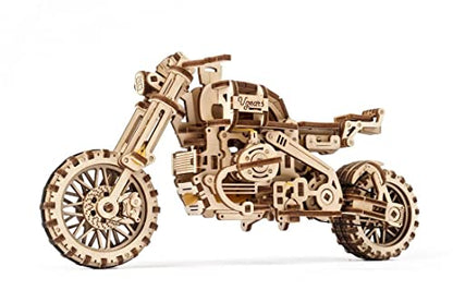UGEARS Motorcycle with Sidecar 3D Puzzles - UGR-10 Motorcycle Scrambler Wooden Model Kits for Adults to Build - Retro Design Sidecar Motorbike Model