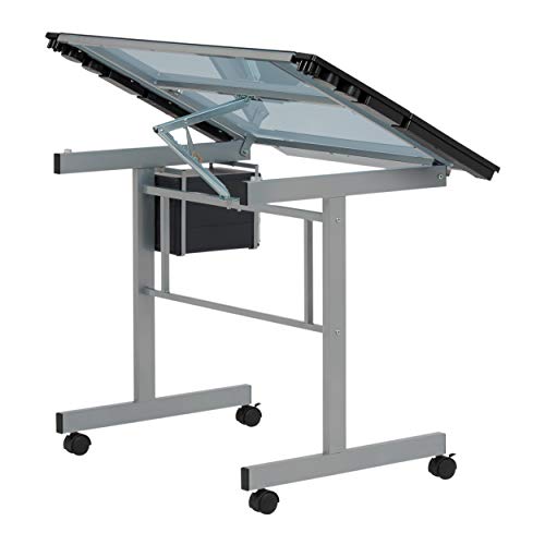 Studio Designs Vision Craft and Drawing Station - 35.5" W by 23.75" D Silver-Blue Glass Top Drafting Table with Pencil Drawers, Side Trays, & SD Studio Designs