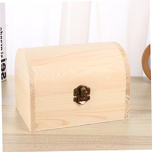 VOSAREA Wooden Case Jewelry Storage Wooden Treasure Chest Wooden Jewelry Unfinished Pine Wood Craft Case Organizer Wood Case Arched Lock Case Manual VOSAREA