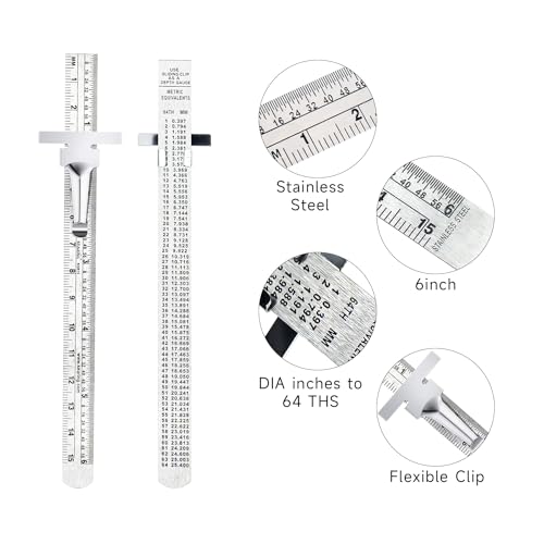 KEARING 6 Inch 15 cm Pocket Ruler Stainless Steel Ruler with Detachable Clips Imperial & Metric Graduations, 2 Pieces KEARING