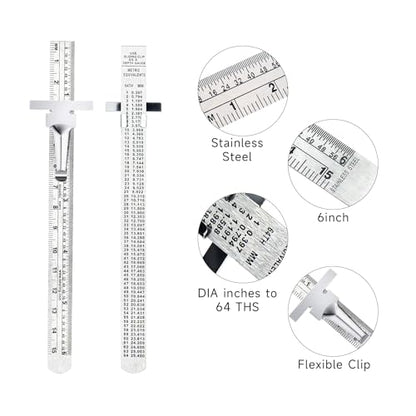 KEARING 6 Inch 15 cm Pocket Ruler Stainless Steel Ruler with Detachable Clips Imperial & Metric Graduations, 2 Pieces - WoodArtSupply