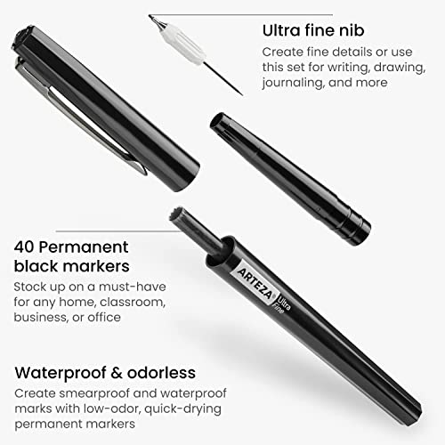 ARTEZA Permanent Markers, 40 Black Pens, Ultra-Fine Tip, Quick-Drying, Water Resistant, for Calligraphy and Note Taking, Office, Classroom ARTEZA