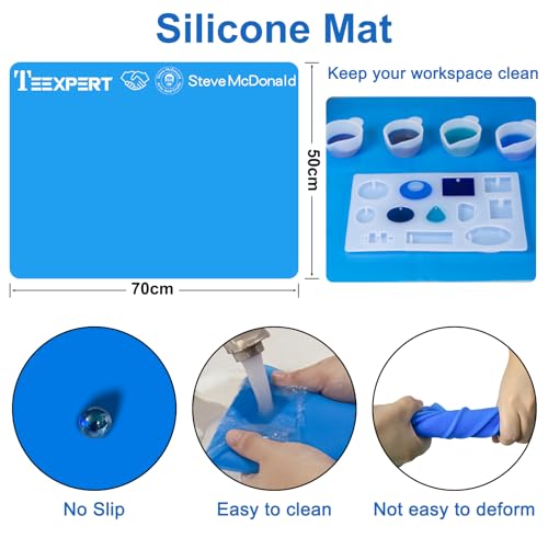 Teexpert Silicone Resin Measuring Cups Tool Kit-Reusable Resin Supplies with 100&250&600ml Measure Cups, Stirring Rods, 19.7" x 27.5"Silicone Mat for Teexpert