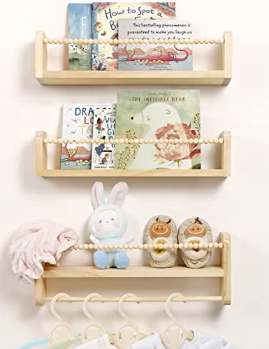 Maxpeuvon Natural Wood Nursery Floating Shelves Set of 3 with Towel Bar - WoodArtSupply