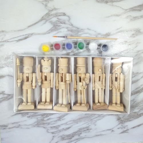 6pcs DIY Wooden Christmas Nutcrackers, DIY Blank Unpainted Unpainted Puppet Walnut Soldier With Paint & Brush For Christmas Decoration YmilemY