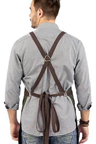 Under NY Sky Essential Army Green Apron – Cross-Back with Durable Twill and Leather Reinforcement – Adjustable for Men and Women – Pro Chef, Tattoo Under NY Sky