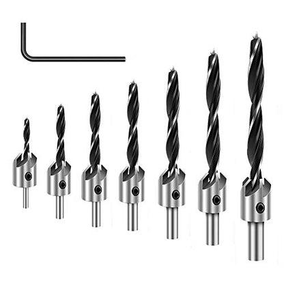 COMOWARE Countersink Drill Bits Set- 7Pcs Counter Sink Bit for Wood High Speed Steel, Woodworking Carpentry Reamer with 1 Free Hex Key Wrench - WoodArtSupply