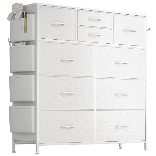 Lulive White Dresser for Bedroom with 10 Drawers, Chest of Drawers with Side Pockets and Hooks, PU Storage Dresser, Organizer Unit for Living Room, Lulive