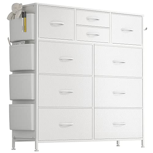 Lulive White Dresser for Bedroom with 10 Drawers, Chest of Drawers with Side Pockets and Hooks, PU Storage Dresser, Organizer Unit for Living Room, - WoodArtSupply