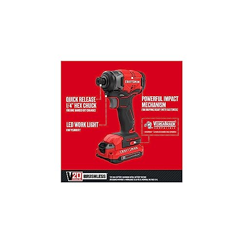 CRAFTSMAN V20 Cordless Impact Driver Kit, 1/4 inch, Battery and Charger Included (CMCF810C1) Craftsman