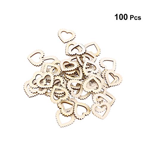 Amosfun 100pcs Hollow Out Lace Heart Wooden Pieces Cutouts Craft Embellishments Wood Ornament Manual Accessories for DIY Art (20mm)