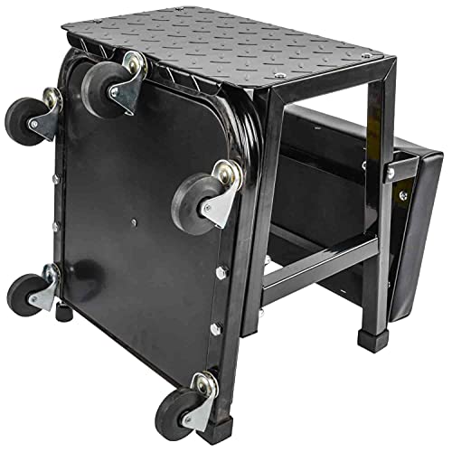 JEGS Mechanic Seat and Step Stool | 300 LBS Capacity | Padded Seat | Black Logo | Heavy-Duty Construction | Comfortable and Ergonomic Design | JEGS