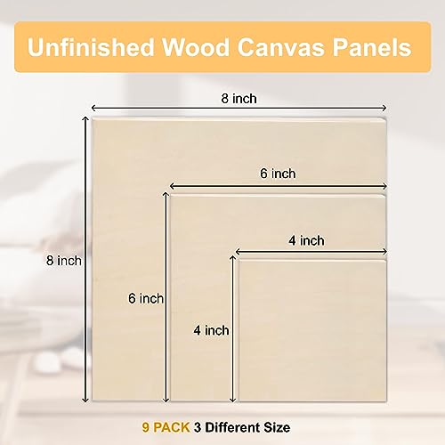 9 Pack Wood Canvas Boards Wood Panel Boards Unfinished Wood Canvas Panels Square Wood Panels Wooden Panels, Blank Wooden Canvas for Painting,