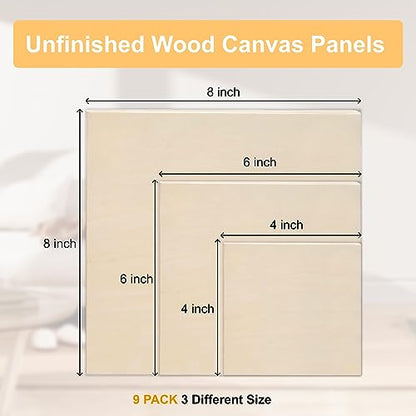 9 Pack Wood Canvas Boards Wood Panel Boards Unfinished Wood Canvas Panels Square Wood Panels Wooden Panels, Blank Wooden Canvas for Painting,