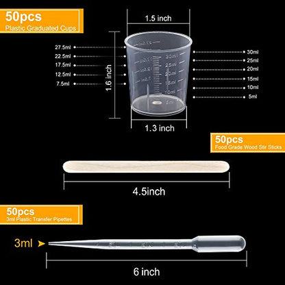 Coopay Plastic Graduated Cups Tools - 50 Pack 30ml/1oz Transparent Scale Measuring Cups, 50 Pack Wooden Stirring Sticks and 50 Pack 3ml Transfer - WoodArtSupply