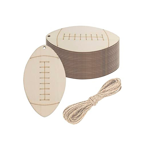 Creaides 20pcs Football Wood DIY Crafts Cutouts Wooden Football Shaped Hanging Ornaments Gift Tags with Jute Twines for DIY Project Sport Themed Creaides