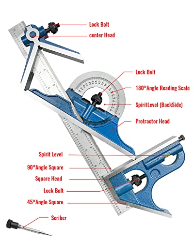 NTSUMI 12 Inch 4 Combination Square Ruler Set Protractor Satin, 4-R Graduation, Blue - WoodArtSupply