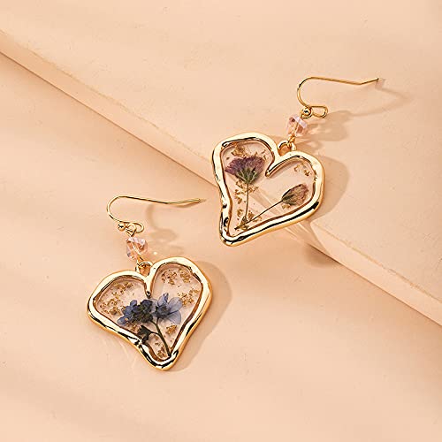 Pressed Flower Love Heart Dangle Earrings Daisy Dandelion Dry Flowers Setting Inside Resin Golden Fashion Earrings for Women Girls-Heart Shape Yocoyee
