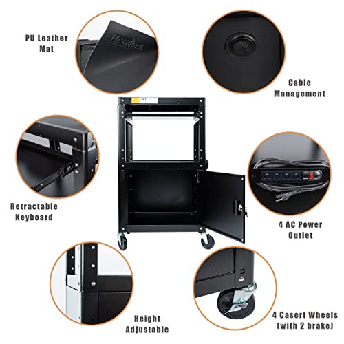 Metateel Steel Large AV Cart with Extra Storage - Adjustable Height Cart with Locking Cabinet, Pullout Tray, Power Strip, and Cord Management - Holds Metateel